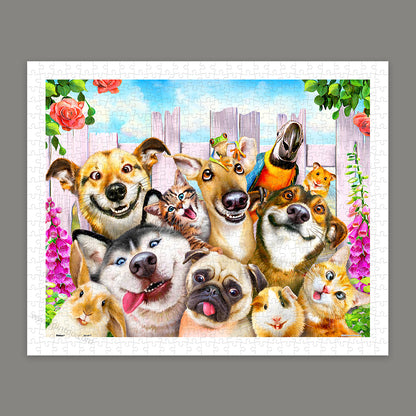 a painting of a group of dogs with a bird on their head