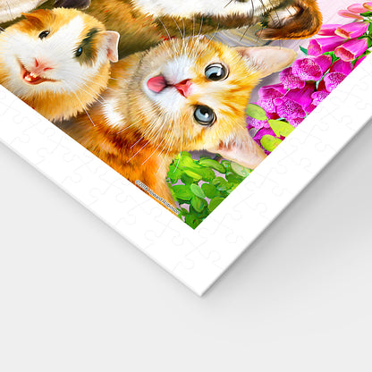 a close up of a puzzle with cats on it