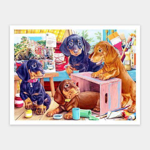 Colorful jigsaw puzzle with puppies in an art studio.