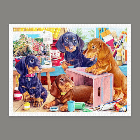 Completed jigsaw puzzle featuring puppies in a studio.