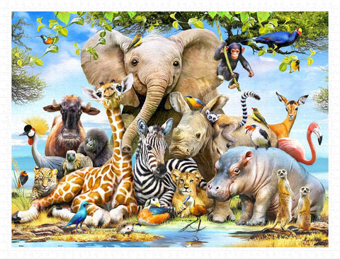 Colorful wildlife scene jigsaw puzzle with African animals.