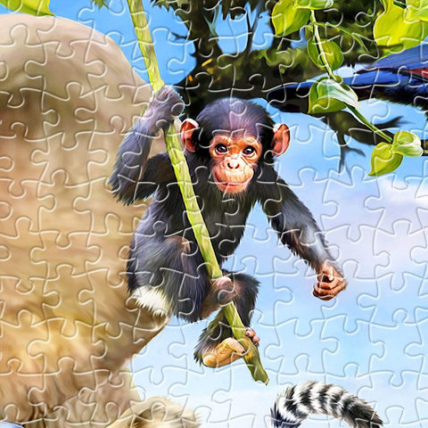 Close-up of a chimpanzee on a jigsaw puzzle piece.