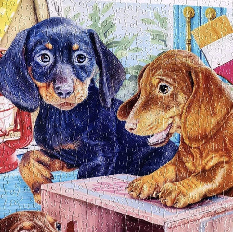 Close-up of two puppies on assembled puzzle.